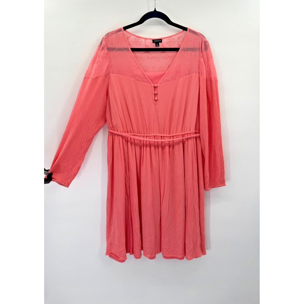 Torrid Coral Pink Crepe Dress 1 1X 14 16 Stretch Belted Lined Cottagecore Modest